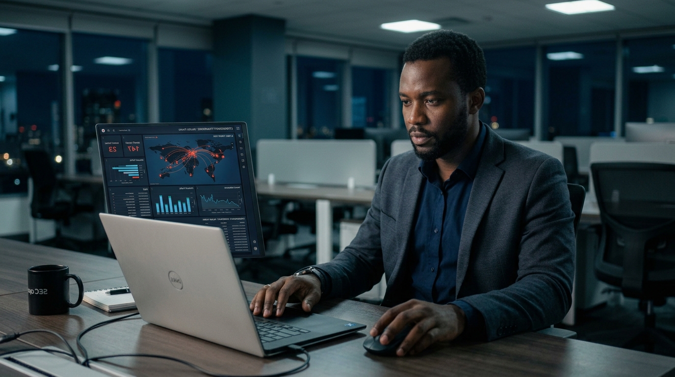 Grezitech security professional reviewing threat dashboard