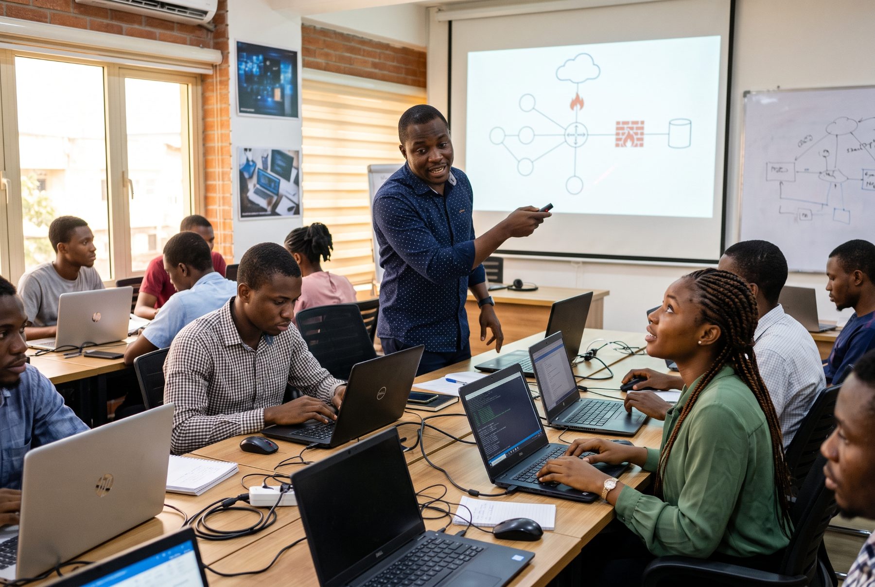 Instructor leading a hands-on networking and cybersecurity class