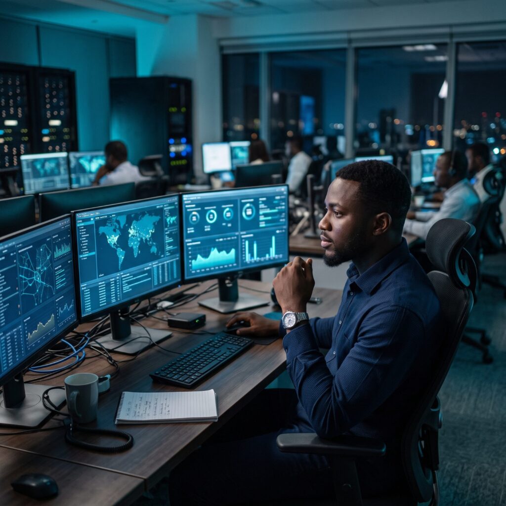 Security analyst monitoring dashboards in a security operations centre