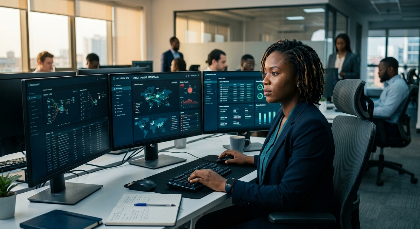 Grezitech security operations team monitoring threat dashboards